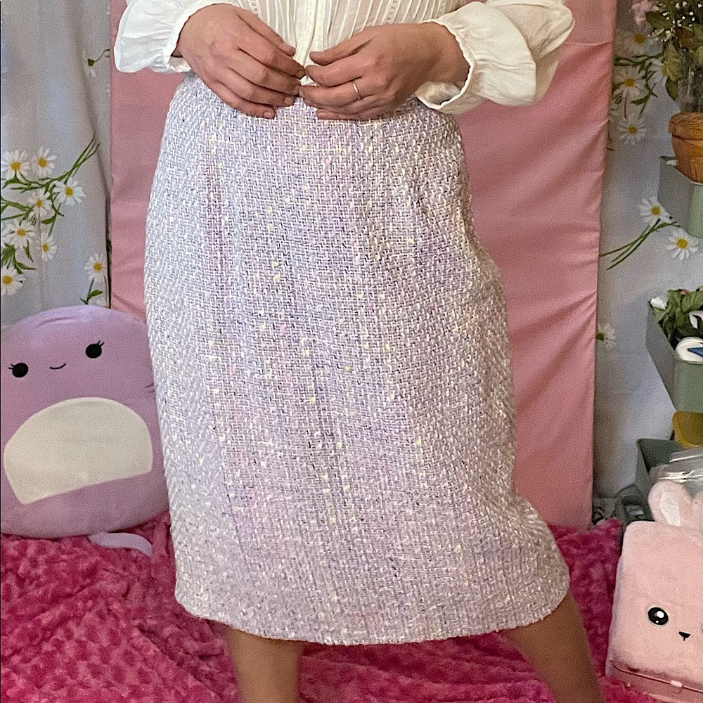 Vintage pastel purple lavender rainbow twill silver sparkle midi pencil skirt